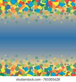 multi-colored square confetti on a blue yellow gradient