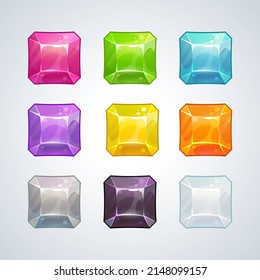 Mehrfarbige Quadratzoll-Objekte für das Spieldesign. GLÄNZENDES GUI-Kit für Edelstein. Cartoon Edelsteine Sammlung. Farbige Facettenschmuck-Set. Ruby, Smaragd, Diamant, brillante Knöpfe auf weißem Hintergrund.