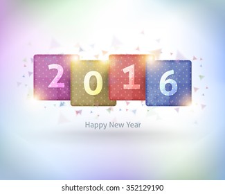 Multicolored Square Elements and 2016 Happy New Year Vector Background, Greeting Card