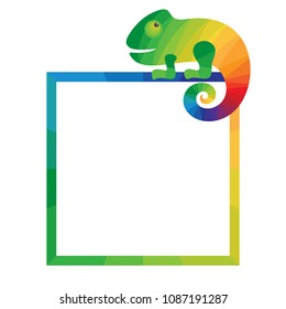 Multicolored square frame with chameleon. Template for photo frame or flyer. White background. Vector illustration.