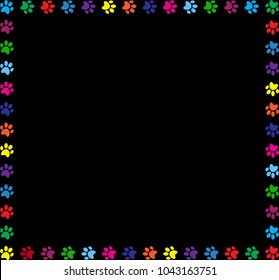 Multicolored square frame made of rainbow vibrant animal's paw prints on black background. Vector template, border, framework, photo frame, poster, banner for design with cats or dogs paws track.  