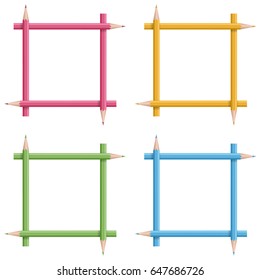Multicolored square frames made from colored pencils. Vector illustration
