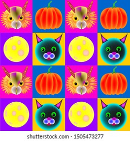 Multicolored square halloween pattern. The squares show: the head of a cat on the same background, the head of an owl on a pink background, the moon on a purple background, the pumpkin on a blue backg