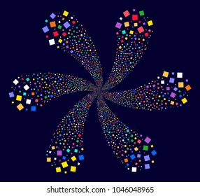 Multicolored Square Shape twirl twist on a dark background. Psychedelic vector whirlpool designed from scattered square shape objects.