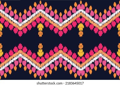 Multicolored square shape woven in ikat style. frame with yarn on a dark circle background For clothing, home decor, wallpaper