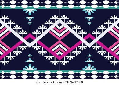 Multicolored Square Shapes Woven Into A Fabric Pattern, Framed By White Flowers On A Dark Circular Background. For Clothing, Home Decoration