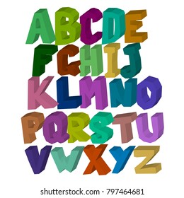 multi-colored square three-dimensional alphabet on white isolated background