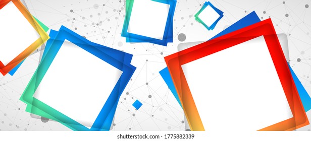 Multicolored squares arranged on a plexus abstraction for use in scientific or technical fields. Geometric abstract background with connected dots and lines.