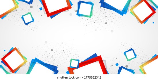 Cuadrados multicolores dispuestos sobre una abstracción del plexo para su uso en campos científicos o técnicos. Fondo abstracto geométrico con puntos y líneas conectados.