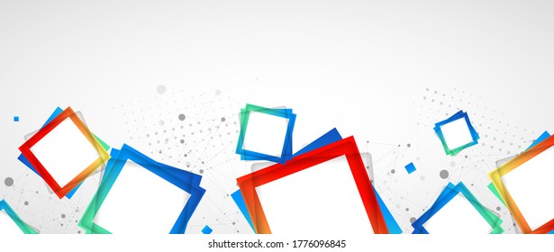 Multicolored squares arranged on a plexus abstraction for use in scientific or technical fields. Geometric abstract background with connected dots and lines.