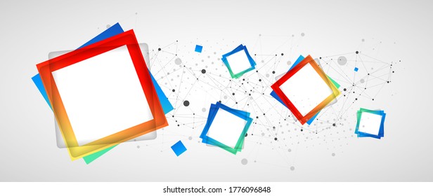 Multicolored squares arranged on a plexus abstraction for use in scientific or technical fields. Geometric abstract background with connected dots and lines.