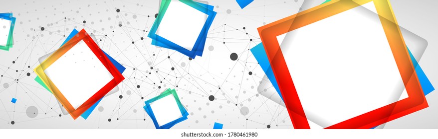 Multicolored squares arranged on a plexus abstraction for use in scientific or technical fields. Geometric abstract background with connected dots and lines.