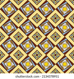 Multi-colored squares of different sizes are nested in each other at different angles and create an interesting ornament. Seamless geometric pattern for packaging, business. Vector illustration.