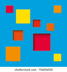 Multicolored squares on a colored background, cut out and convex elements, abstract vector design