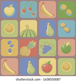 Multicolored squares with rounded corners with pictures of bright fruits, berry with contrasting color shadow, glare volume vector seamless pattern.