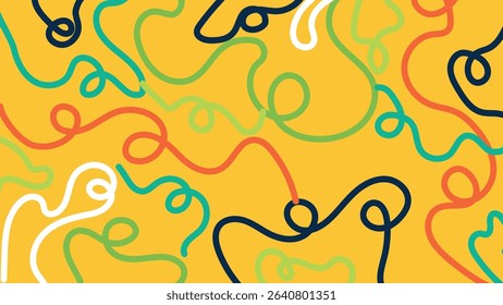 Multicolored squiggle lines in white, red, yellow, green, and teal flow over a deep navy backdrop. Perfect for bold modern art and youthful visuals.
