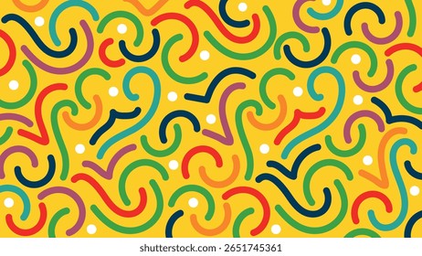 Linhas rabiscadas multicoloridas em amarelo. Um layout fresco e extravagante, perfeito para projetos criativos, gráficos infantis ou conteúdo editorial animado.