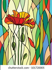 Multicolored stained glass with floral motif, vector