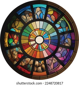 Multicolored stained glass round church window, diversity concept