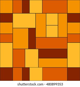 Multicolored stained glass window with the seamless pattern consisting of geometrical figures of the rectangl and squar painted in autumn colors design websites, banners for packing and brown paper