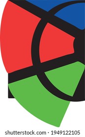 multicolored stained-glass window of primary and secondary colors in a circle of black stripes