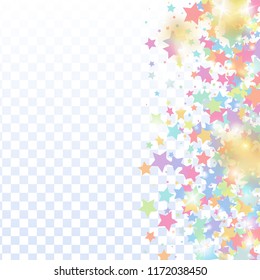 Multicolored star confetti isolated on transparent background.  Minimalistic fallen particle. Holiday vector colorful confetti. Sparkle bright decoration backdrop. Surprise card template