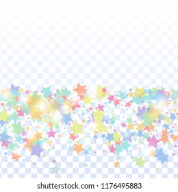 Multicolored star confetti isolated on transparent background.  Minimalistic fallen particle. Holiday vector colorful confetti. Birthday party backdrop. New Year card template