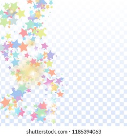 Multicolored star confetti isolated on transparent background.  Flying shiny sparkle shower. Holiday vector colorful confetti. Sparkle bright decoration backdrop. Surprise card template