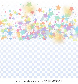 Multicolored star confetti isolated on transparent background.  Flying shiny sparkle particles. Abstract vector colorful confetti. Birthday party backdrop. Surprise card template