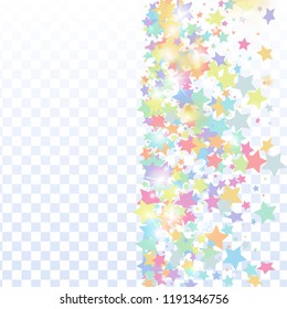 Multicolored star confetti isolated on transparent background.  Flying shiny sparkle particles. Holiday vector colorful confetti. Sparkle bright decoration backdrop. Surprise card template