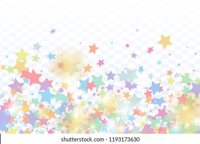 Multicolored star confetti isolated on transparent background.  Flying shiny sparkle shower. Holiday vector colorful confetti. Birthday party backdrop. Surprise card template