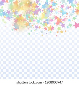 Multicolored star confetti isolated on transparent background.  Minimalistic fallen particle. Holiday vector colorful confetti. Birthday party backdrop. Christmas card template