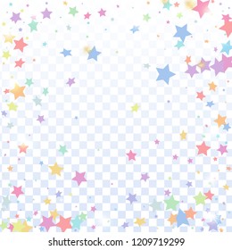 Multicolored star confetti isolated on transparent background.  Flying shiny sparkle particles. Holiday vector colorful confetti. Sparkle bright decoration backdrop. Christmas card template