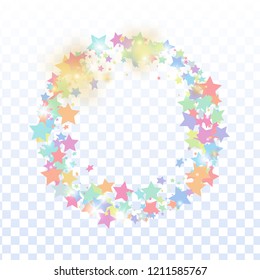 Multicolored star confetti isolated on transparent background.  Flying shiny sparkle shower. Abstract vector colorful confetti. Birthday party backdrop. New Year card template