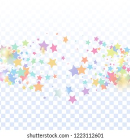 Multicolored star confetti isolated on transparent background.  Minimalistic fallen particle. Holiday vector colorful confetti. Birthday party backdrop. Surprise card template