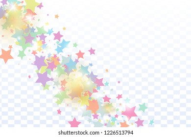 Multicolored star confetti isolated on transparent background.  Flying shiny sparkle particles. Abstract vector colorful confetti. Birthday party backdrop. Christmas card template
