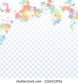 Multicolored star confetti isolated on transparent background.  Flying shiny sparkle particles. Abstract vector colorful confetti. Sparkle bright decoration backdrop. New Year card template