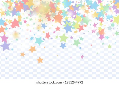 Multicolored star confetti isolated on transparent background.  Flying shiny sparkle shower. Holiday vector colorful confetti. Birthday party backdrop. Surprise card template