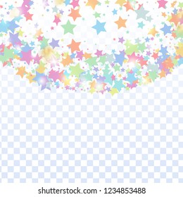 Multicolored star confetti isolated on transparent background.  Minimalistic fallen particle. Holiday vector colorful confetti. Birthday party backdrop. New Year card template