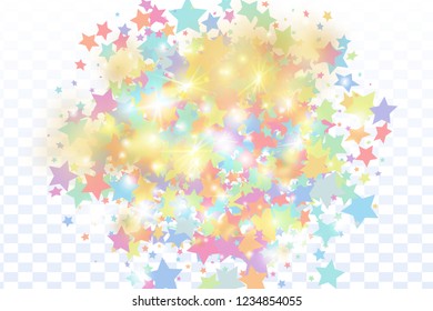 Multicolored star confetti isolated on transparent background.  Flying shiny sparkle particles. Abstract vector colorful confetti. Sparkle bright decoration backdrop. New Year card template