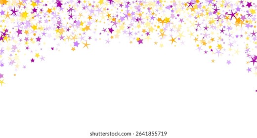 Multicolored star sparkles vector background. Christmas decor elements in purple orange colors. Flying star random fragments. Brilliance concept. Universe charm.