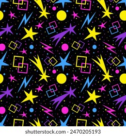 Multicolored stars and abstract shapes on a black background. Seamless pattern of bright, abstract, neon graphics in psychedelic retro style. Fashion 80s-90s. Vector illustration. Template for posters