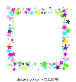 Multicolored stars of confetti. Luxurious bright festive frame. Pink, green, yellow, turquoise, purple abstract stars on a white background. Element of design. Vector illustration, EPS 10.