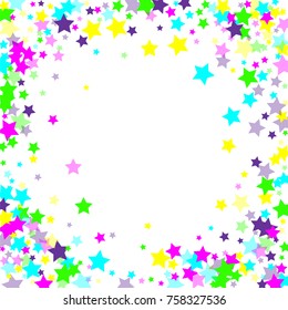 Multicolored stars of confetti. Luxurious bright festive frame. Pink, green, yellow, turquoise, purple abstract stars on a white background. Element of design. Vector illustration, EPS 10.