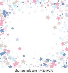 Multicolored stars of confetti. Luxurious frame in quiet colors. Pink, light blue, light brown, blue abstract stars on a white background. Element of design. Vector illustration, EPS 10.