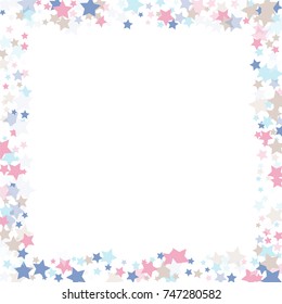 Multicolored stars of confetti. Luxurious frame in quiet colors. Pink, light blue, light brown, blue abstract stars on a white background. Element of design. Vector illustration, EPS 10.