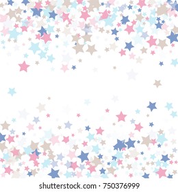 Multicolored stars of confetti. Luxurious frame in quiet colors. Pink, light blue, light brown, blue abstract stars on a white background. Element of design. Vector illustration, EPS 10.