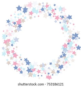 Multicolored stars of confetti. Luxurious frame in quiet colors. Pink, light blue, light brown, blue abstract stars on a white background. Element of design. Vector illustration, EPS 10.