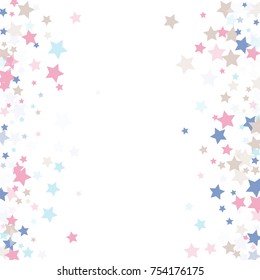 Multicolored stars of confetti. Luxurious frame in quiet colors. Pink, light blue, light brown, blue abstract stars on a white background. Element of design. Vector illustration, EPS 10.