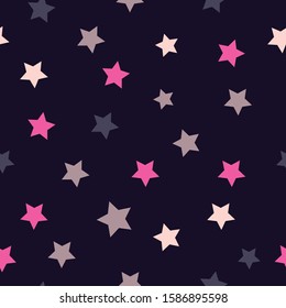 Multi-colored stars of different sizes on a dark blue background of pink, white, light, gray-purple